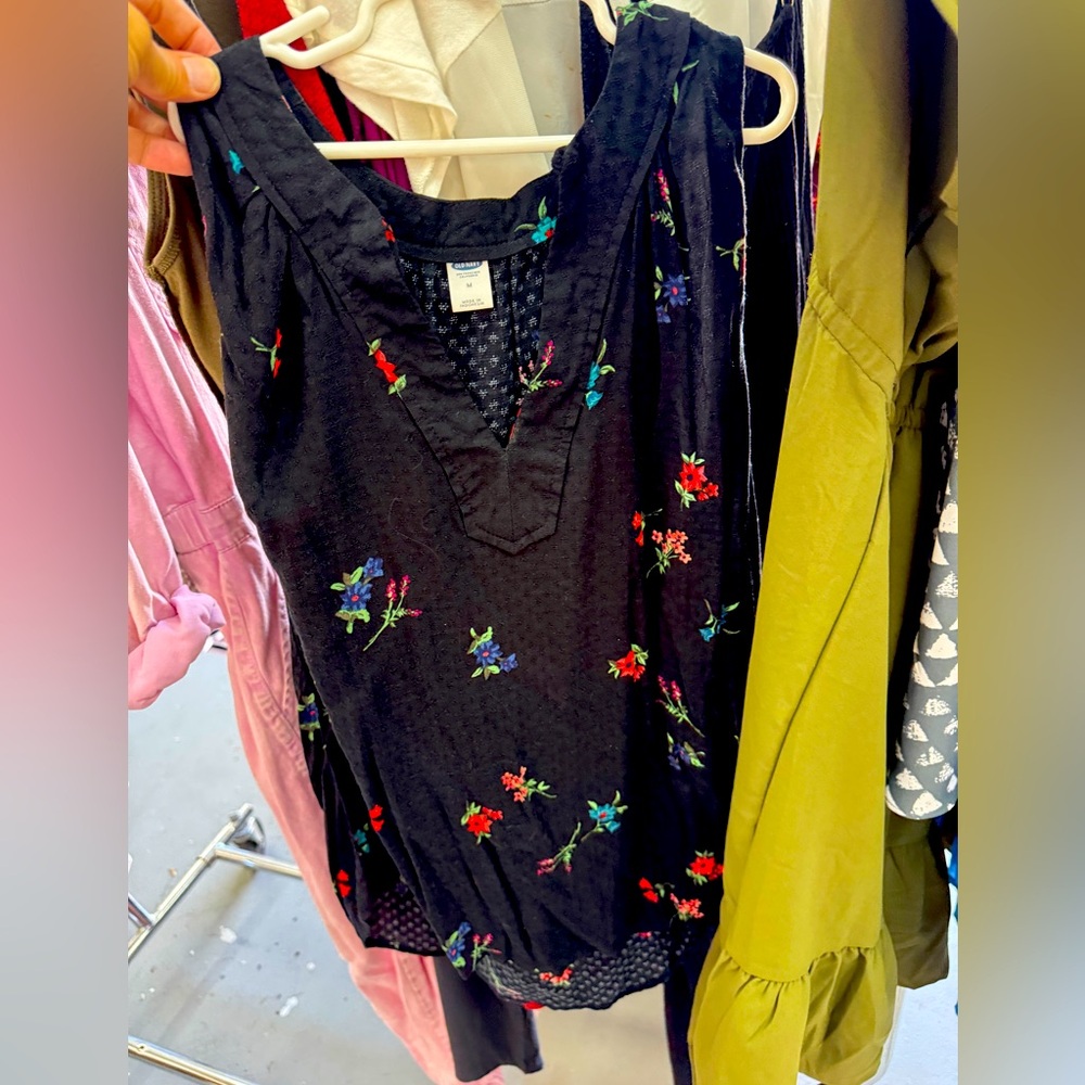 Old Navy Black Top with Colorful Floral Design